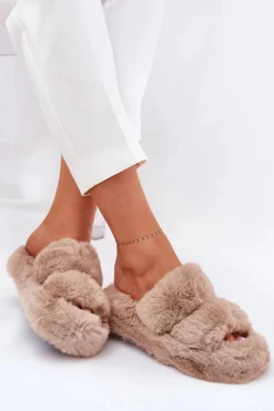 Futrzane Kapcie Damskie Na Platformie Khaki Talfedi