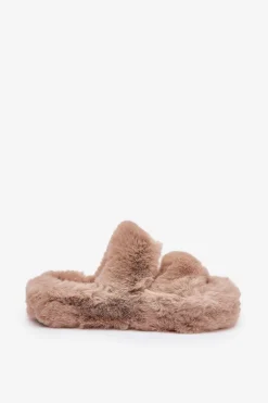 Futrzane Kapcie Damskie Na Platformie Khaki Talfedi