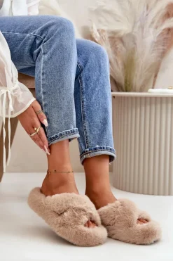 Futrzane Kapcie Damskie Na Grubej Podeszwie Beżowe Lavitera