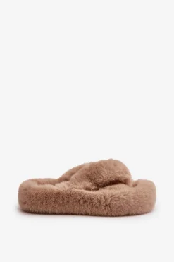 Futrzane Kapcie Damskie Na Grubej Podeszwie Beżowe Lavitera