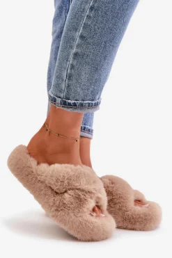 Futrzane Kapcie Damskie Na Grubej Podeszwie Beżowe Lavitera