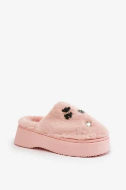 Futrzane Kapcie Damskie Na Grubej Podeszwie Z Przypinkami Różowe Zintoria