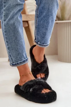 Futrzane Kapcie Damskie Na Grubej Podeszwie Czarne Lavitera