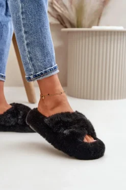 Futrzane Kapcie Damskie Na Grubej Podeszwie Czarne Lavitera