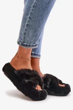 Futrzane Kapcie Damskie Na Grubej Podeszwie Czarne Lavitera