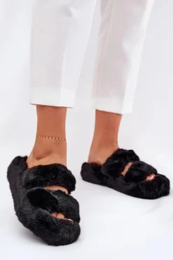 Futrzane Kapcie Damskie Na Platformie Czarne Talfedi