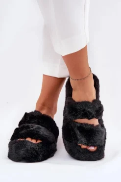 Futrzane Kapcie Damskie Na Platformie Czarne Talfedi