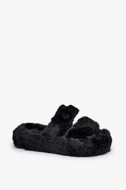 Futrzane Kapcie Damskie Na Platformie Czarne Talfedi