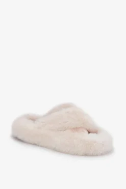 Futrzane Kapcie Damskie Na Grubej Podeszwie Jasnobeżowe Lavitera