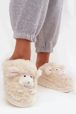 Futrzane Kapcie Damskie Owieczki Beżowe Sylline