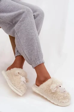 Futrzane Kapcie Damskie Owieczki Beżowe Sylline
