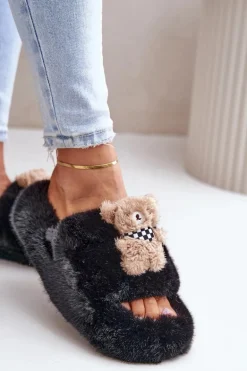 Futrzane Kapcie Damskie Z Misiem Czarne Romania