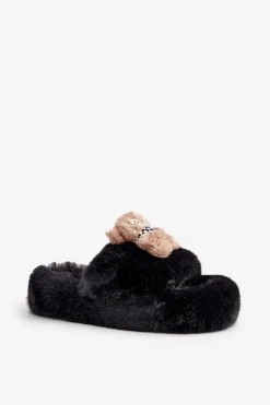 Futrzane Kapcie Damskie Z Misiem Czarne Romania
