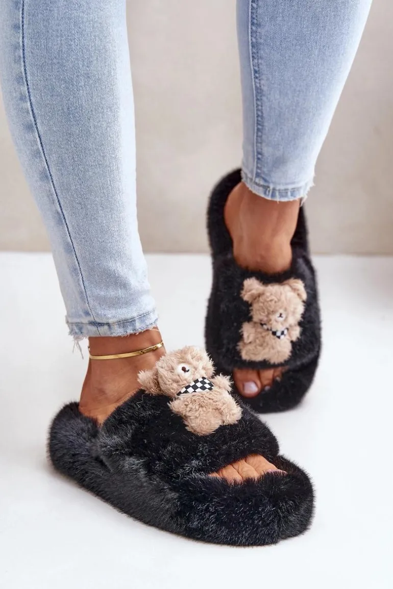 Futrzane Kapcie Damskie Z Misiem Czarne Romania