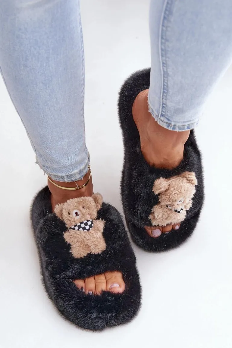 Futrzane Kapcie Damskie Z Misiem Czarne Romania