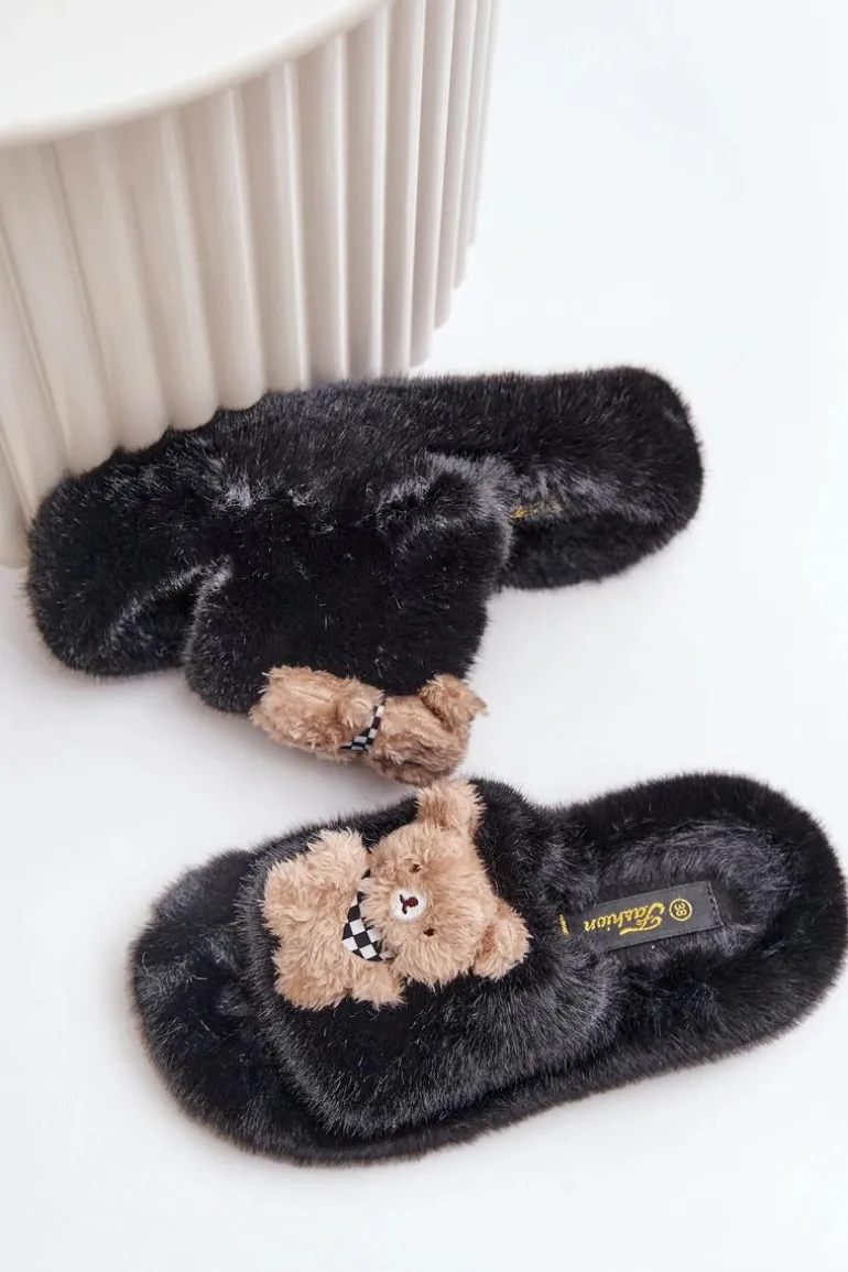Futrzane Kapcie Damskie Z Misiem Czarne Romania