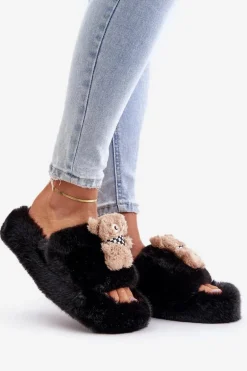 Futrzane Kapcie Damskie Z Misiem Czarne Romania