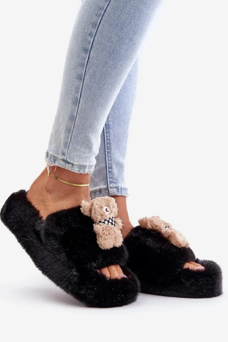 Futrzane Kapcie Damskie Z Misiem Czarne Romania