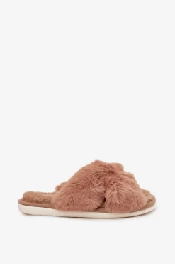 Futrzane Kapcie Damskie Z Przeplatającymi Się Paskami Camel Quenelle