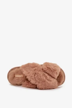 Futrzane Kapcie Damskie Z Przeplatającymi Się Paskami Camel Quenelle