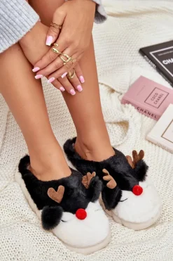 Futrzane Kapcie Damskie Z Motywem Renifera Czarne Wistira