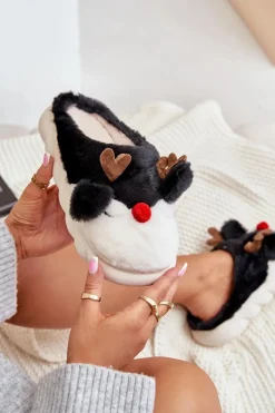 Futrzane Kapcie Damskie Z Motywem Renifera Czarne Wistira