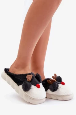Futrzane Kapcie Damskie Z Motywem Renifera Czarne Wistira
