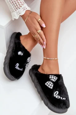 Futrzane Kapcie Damskie Z Naszywkami I Kokardką Czarne Linnorelia