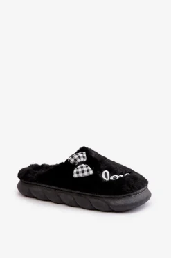 Futrzane Kapcie Damskie Z Naszywkami I Kokardką Czarne Linnorelia
