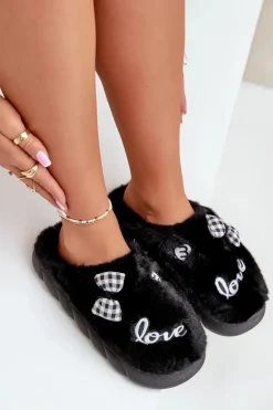 Futrzane Kapcie Damskie Z Naszywkami I Kokardką Czarne Linnorelia
