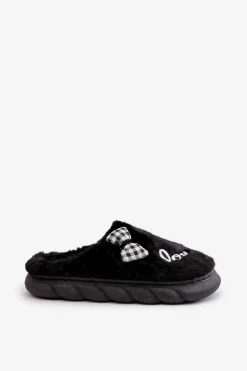 Futrzane Kapcie Damskie Z Naszywkami I Kokardką Czarne Linnorelia