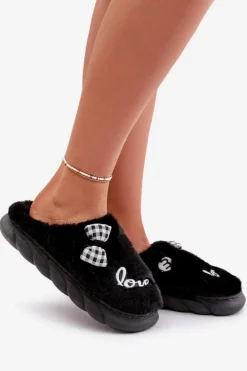 Futrzane Kapcie Damskie Z Naszywkami I Kokardką Czarne Linnorelia
