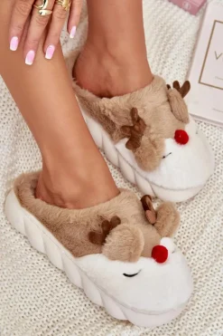 Futrzane Kapcie Damskie Z Motywem Renifera Brązowe Wistira