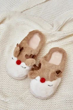 Futrzane Kapcie Damskie Z Motywem Renifera Brązowe Wistira