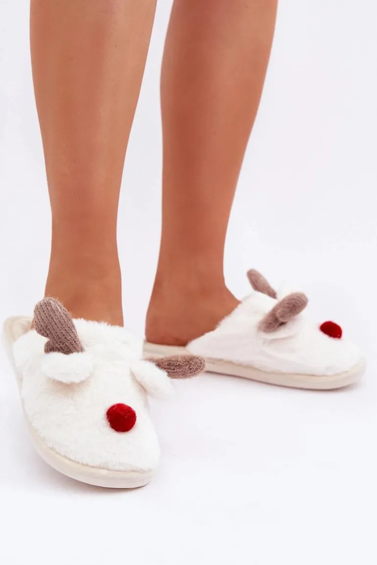 Futrzane Kapcie Damskie Z Motywem Renifera Białe Sennalith