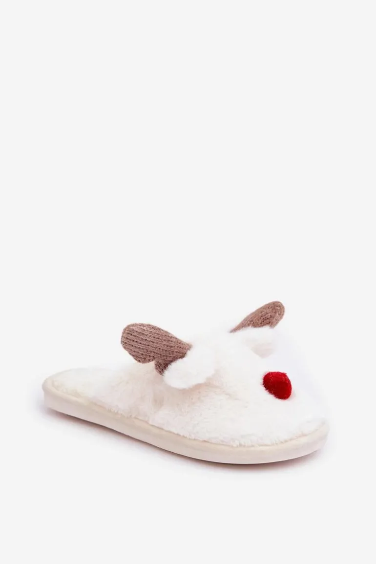 Futrzane Kapcie Damskie Z Motywem Renifera Białe Sennalith