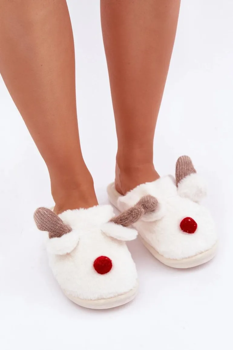 Futrzane Kapcie Damskie Z Motywem Renifera Białe Sennalith