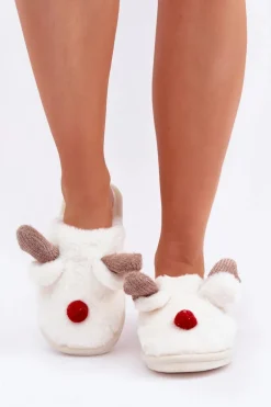 Futrzane Kapcie Damskie Z Motywem Renifera Białe Sennalith