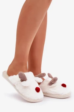 Futrzane Kapcie Damskie Z Motywem Renifera Białe Sennalith