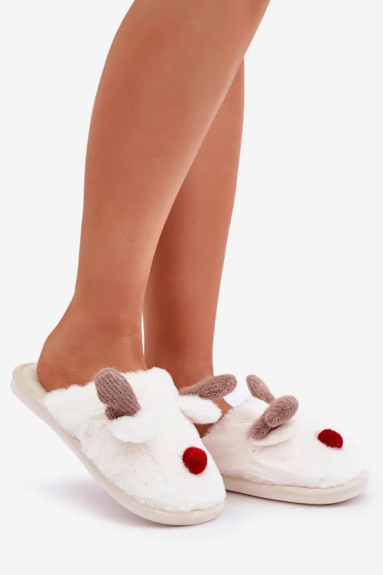 Futrzane Kapcie Damskie Z Motywem Renifera Białe Sennalith