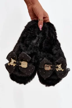 Futrzane Kapcie Damskie Z Kokardą I Złotą Ozdobą Czarne Nolara