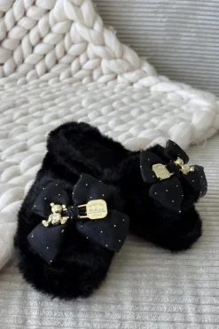 Futrzane Kapcie Damskie Z Kokardą I Złotą Ozdobą Czarne Nolara