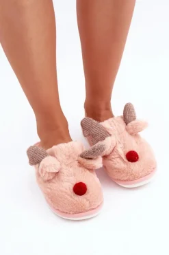 Futrzane Kapcie Damskie Z Motywem Renifera Różowe Sennalith
