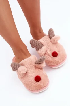 Futrzane Kapcie Damskie Z Motywem Renifera Różowe Sennalith