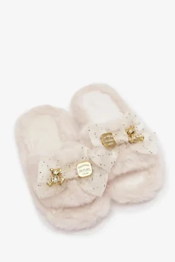 Futrzane Kapcie Damskie Z Kokardą I Złotą Ozdobą Jasnobeżowe Nolara