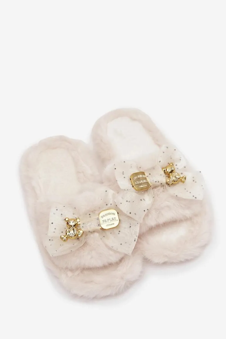 Futrzane Kapcie Damskie Z Kokardą I Złotą Ozdobą Jasnobeżowe Nolara