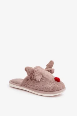 Futrzane Kapcie Damskie Z Motywem Renifera Ciemnobeżowe Sennalith