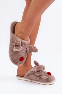 Futrzane Kapcie Damskie Z Motywem Renifera Ciemnobeżowe Sennalith