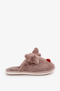 Futrzane Kapcie Damskie Z Motywem Renifera Ciemnobeżowe Sennalith