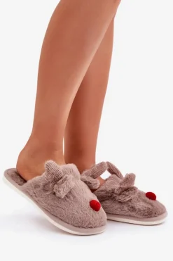 Futrzane Kapcie Damskie Z Motywem Renifera Ciemnobeżowe Sennalith